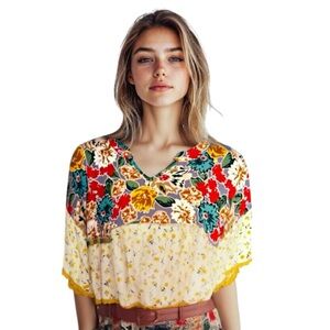 Ivy Jane Vintage-Inspired Floral Ruffle Layered Blouse Yellow Embroidery XS